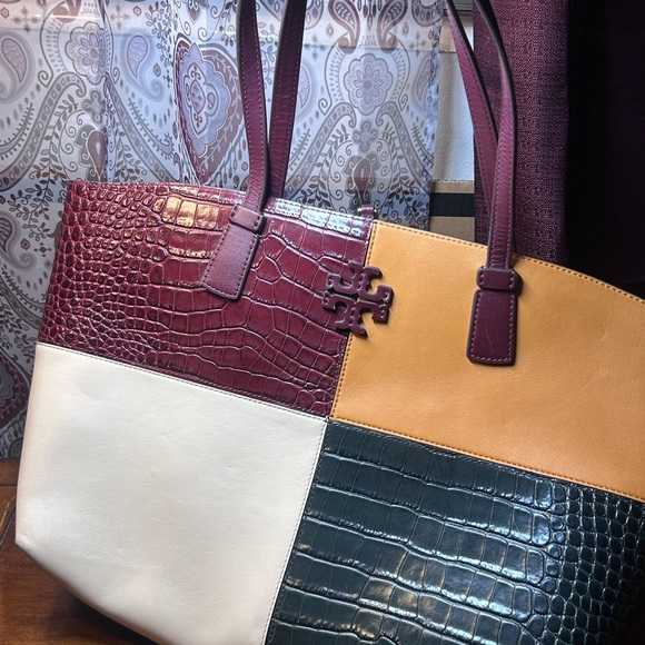 Tory Burch Burgundy and Green Patchwork Tote - Picture 2 of 10